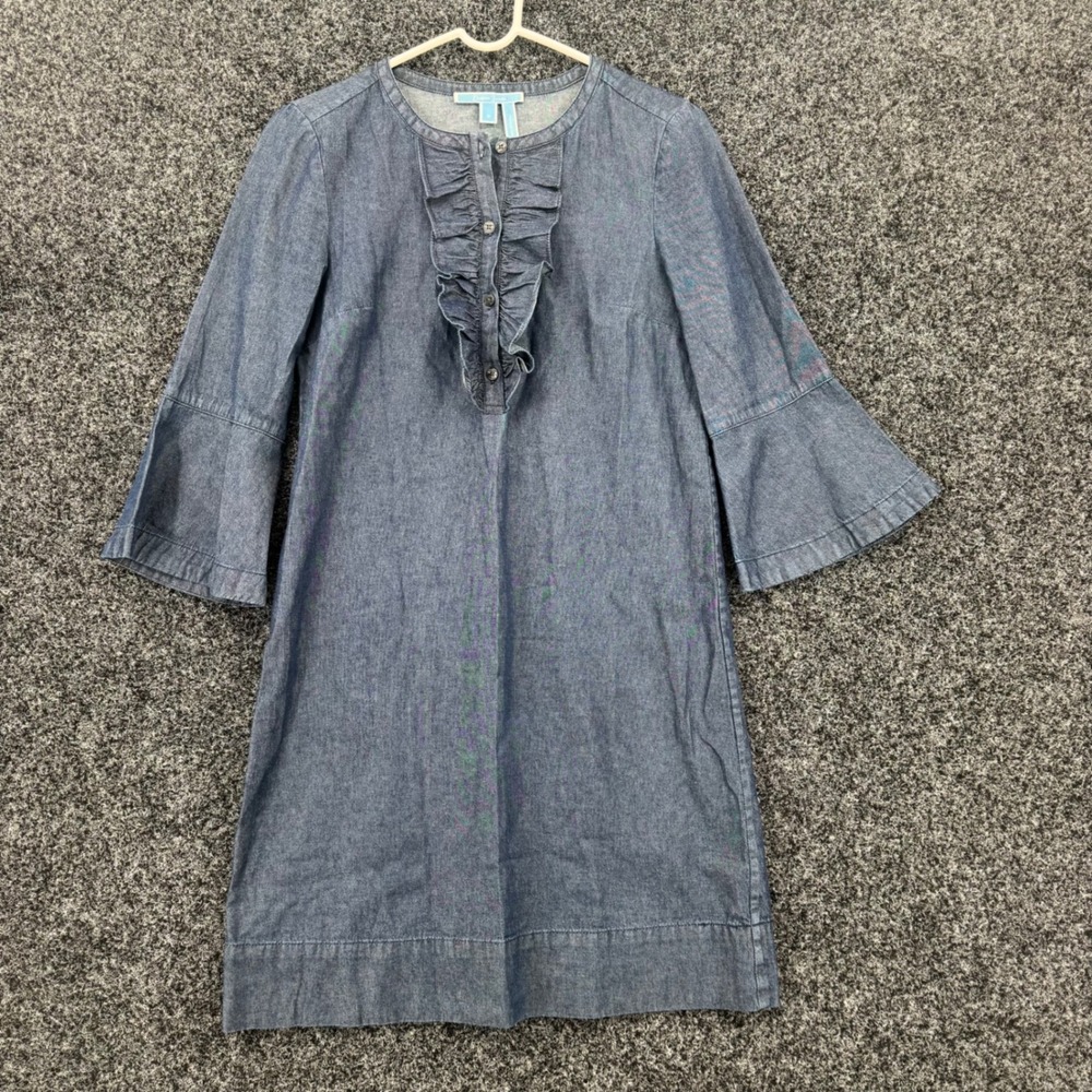 Draper James Blue Cotton Chambray Ruffle Bell Sleeve Shift Dress Size 2